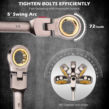 flex head ratcheting wrench set SAE and metric with 72 tooth design and magnetic storage tray