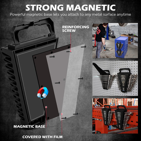 flex head ratcheting wrench set SAE and metric with 72 tooth design and magnetic storage tray