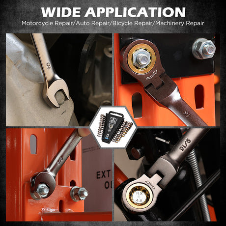 flex head ratcheting wrench set SAE and metric with 72 tooth design and magnetic storage tray