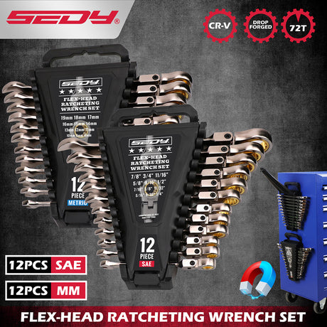 flex head ratcheting wrench set SAE and metric with 72 tooth design and magnetic storage tray