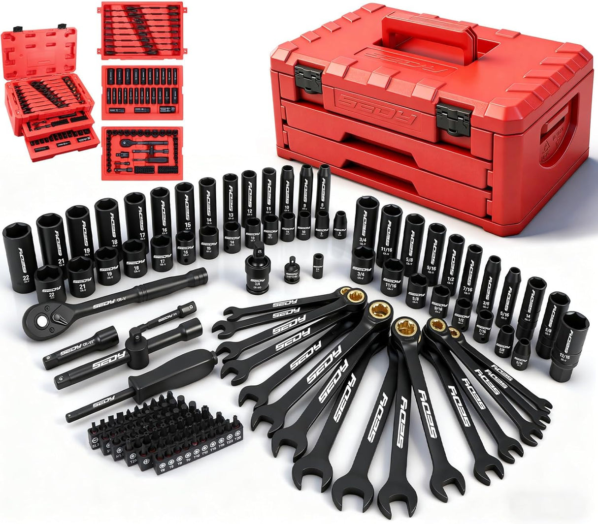 SEDY 132-piece mechanics tool set with sockets, wrenches and portable 2-drawer toolbox