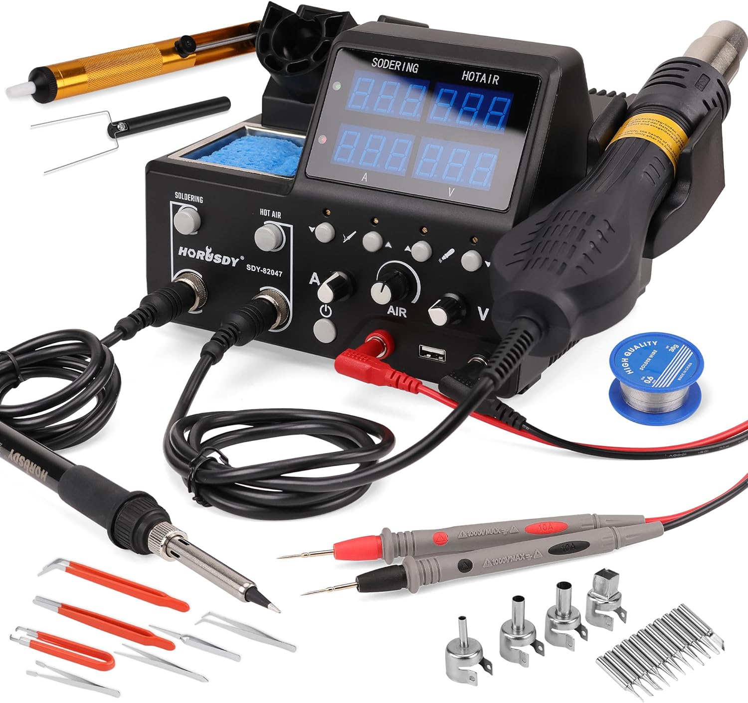 Comprehensive 3-in-1 Soldering and Rework Station with Digital Control, Various Accessories Included