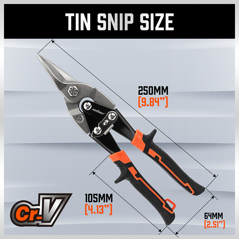 250mm heavy duty tin snips with serrated Cr-V blades, straight cut design, spring handle and metal safety lock
