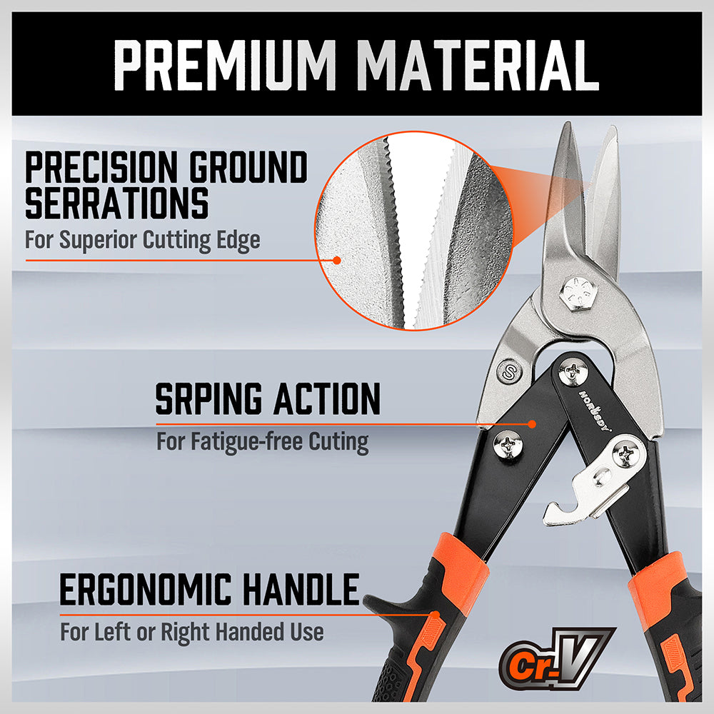 HORUSDY 250mm Heavy Duty Tin Snips, Cr-V Straight Cut Aviation Snip with Serrated Blades & Non-Slip Handles for Metal, Aluminum, Plastic & Wire