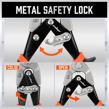 250mm heavy duty tin snips with serrated Cr-V blades, straight cut design, spring handle and metal safety lock