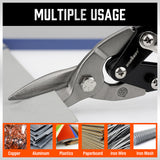 250mm heavy duty tin snips with serrated Cr-V blades, straight cut design, spring handle and metal safety lock