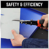 250mm heavy duty tin snips with serrated Cr-V blades, straight cut design, spring handle and metal safety lock