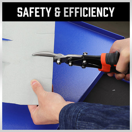 250mm heavy duty tin snips with serrated Cr-V blades, straight cut design, spring handle and metal safety lock