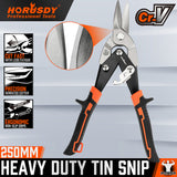 250mm heavy duty tin snips with serrated Cr-V blades, straight cut design, spring handle and metal safety lock