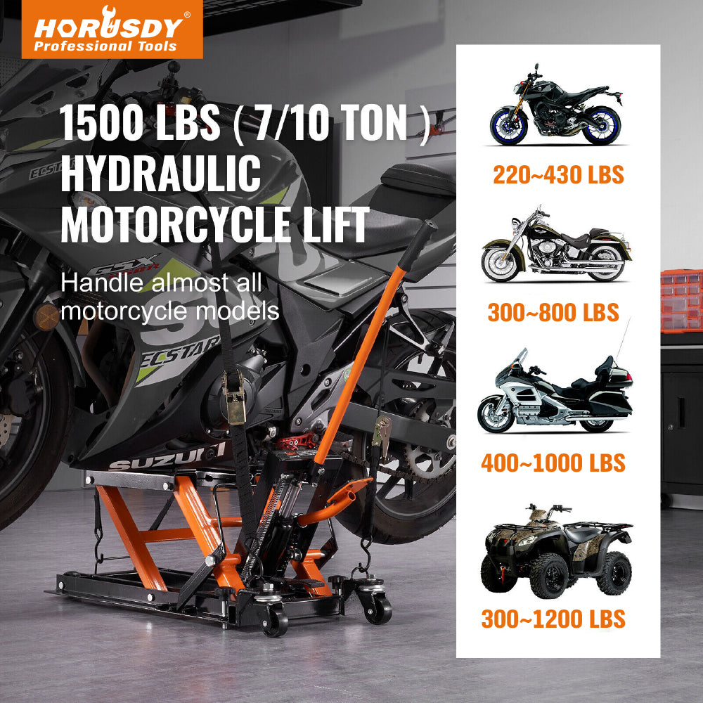 1500 LBS hydraulic motorcycle jack lift with 395mm max height, heavy duty steel construction, non-slip rubber pads, foot pedal, and swivel caster wheels.