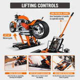 1500 LBS hydraulic motorcycle jack lift with 395mm max height, heavy duty steel construction, non-slip rubber pads, foot pedal, and swivel caster wheels.