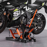 1500 LBS hydraulic motorcycle jack lift with 395mm max height, heavy duty steel construction, non-slip rubber pads, foot pedal, and swivel caster wheels.
