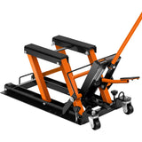 1500 LBS hydraulic motorcycle jack lift with 395mm max height, heavy duty steel construction, non-slip rubber pads, foot pedal, and swivel caster wheels.