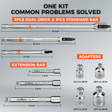 HORUSDY 10-piece dual drive breaker bar set with 360-degree flex head, extensions, adapters, and storage case