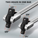 HORUSDY 10-piece dual drive breaker bar set with 360-degree flex head, extensions, adapters, and storage case