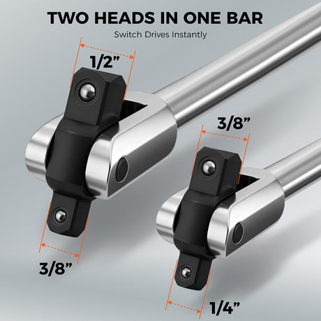 HORUSDY 10-piece dual drive breaker bar set with 360-degree flex head, extensions, adapters, and storage case