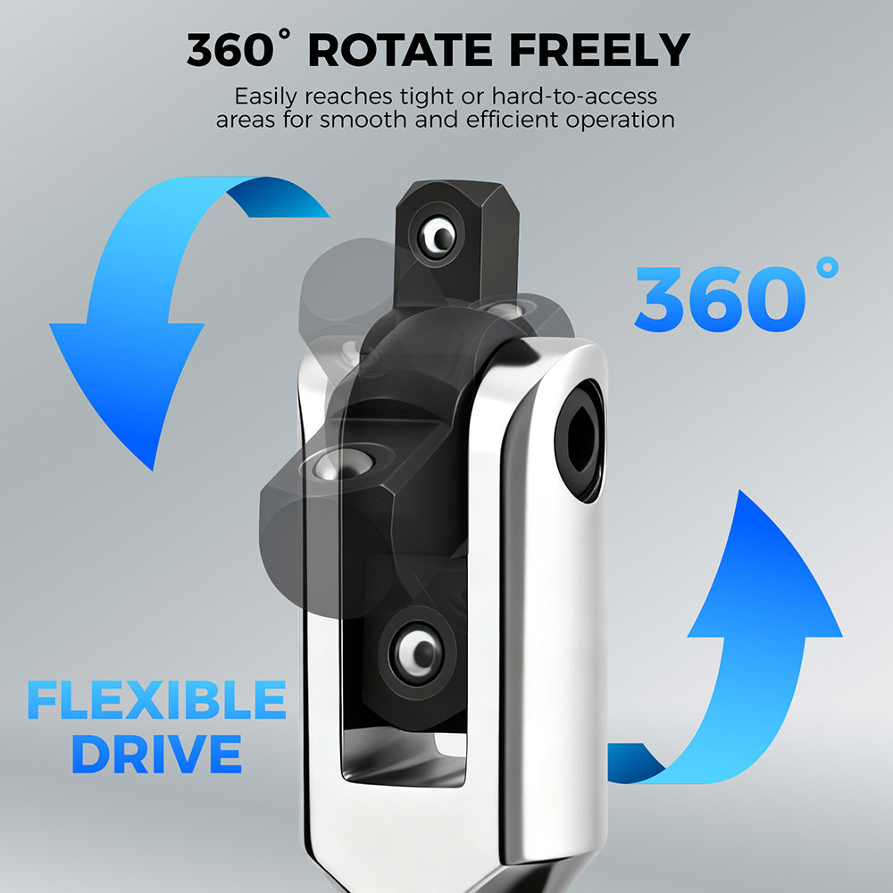 HORUSDY 10-piece dual drive breaker bar set with 360-degree flex head, extensions, adapters, and storage case