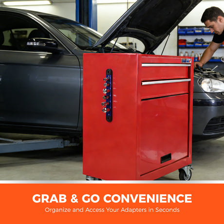 6-piece socket adapter and reducer set with magnetic rail, 1/4 3/8 1/2 inch drive adapters for ratchets and socket tools