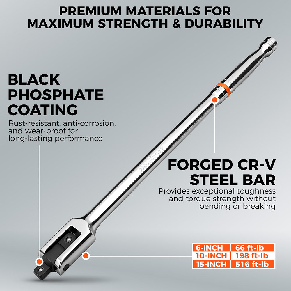 HORUSDY 10-piece dual drive breaker bar set with 360-degree flex head, extensions, adapters, and storage case