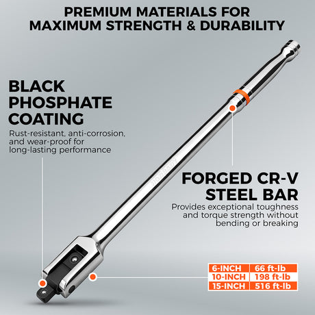 HORUSDY 10-piece dual drive breaker bar set with 360-degree flex head, extensions, adapters, and storage case