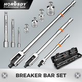 HORUSDY 10-piece dual drive breaker bar set with 360-degree flex head, extensions, adapters, and storage case