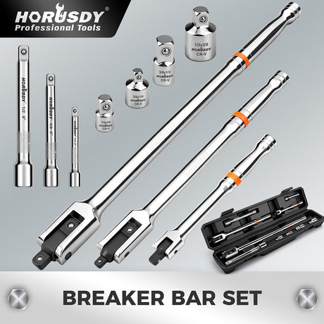 HORUSDY 10-piece dual drive breaker bar set with 360-degree flex head, extensions, adapters, and storage case