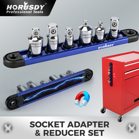 6-piece socket adapter and reducer set with magnetic rail, 1/4 3/8 1/2 inch drive adapters for ratchets and socket tools