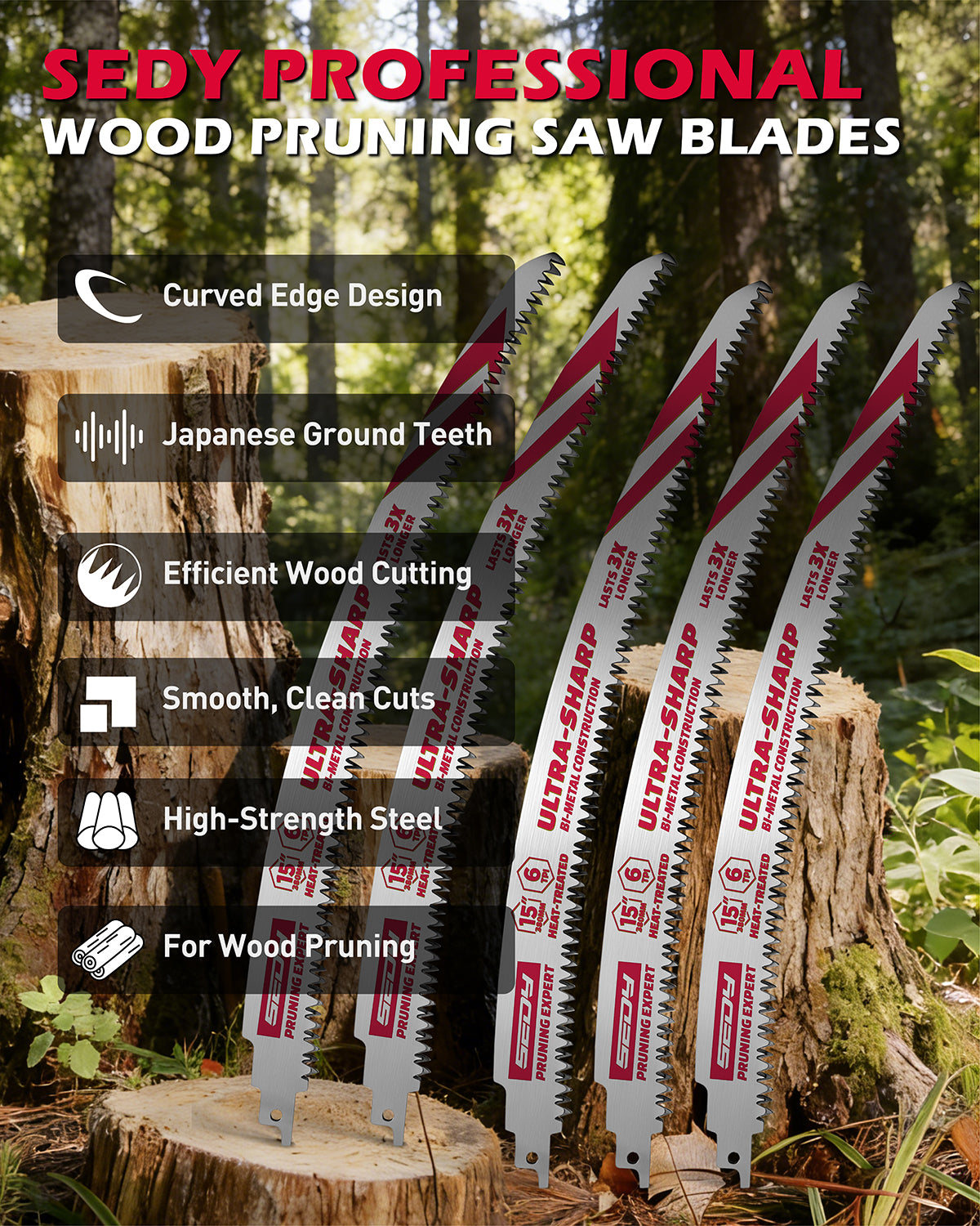15 inch reciprocating saw blades wood pruning 6 TPI bi metal curved edge sawzall blades for wood cutting 5 pack