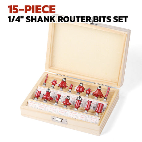 15-piece 1/4 inch shank router bit set in wooden storage case with straight, dovetail, cove, cove box, Roman ogee, corner round, chamfer, mortising and V-slot bits for woodworking