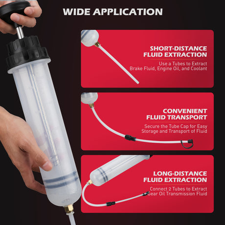 500cc manual fluid extractor and fill pump with transparent cylinder, dual rubber seals, extension hoses, no-drip caps and adapters for automotive oil, coolant, brake fluid and transmission fluid