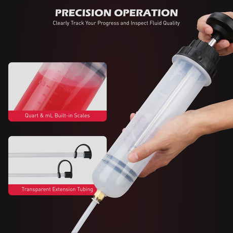 500cc manual fluid extractor and fill pump with transparent cylinder, dual rubber seals, extension hoses, no-drip caps and adapters for automotive oil, coolant, brake fluid and transmission fluid