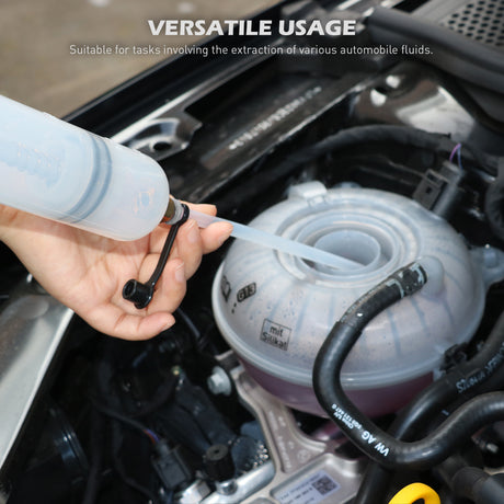 500cc manual fluid extractor and fill pump with transparent cylinder, dual rubber seals, extension hoses, no-drip caps and adapters for automotive oil, coolant, brake fluid and transmission fluid