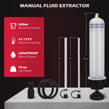 500cc manual fluid extractor and fill pump with transparent cylinder, dual rubber seals, extension hoses, no-drip caps and adapters for automotive oil, coolant, brake fluid and transmission fluid