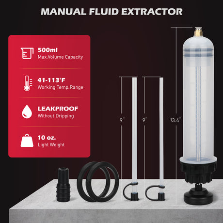 500cc manual fluid extractor and fill pump with transparent cylinder, dual rubber seals, extension hoses, no-drip caps and adapters for automotive oil, coolant, brake fluid and transmission fluid
