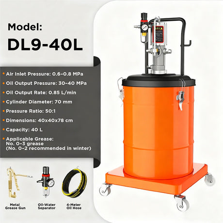 40L pneumatic high pressure grease injector with air pump, pressure gauge, wheels and 4m hose