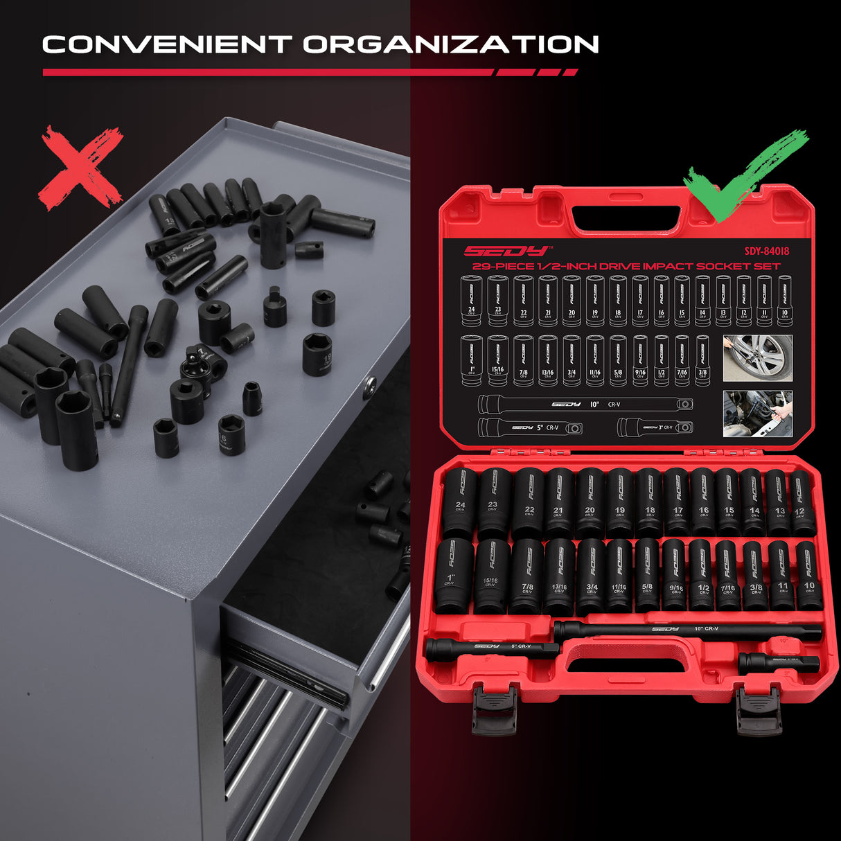 29 piece 1/2 inch drive impact socket set SAE metric deep sockets CRV steel with extension bars heavy duty automotive tool kit