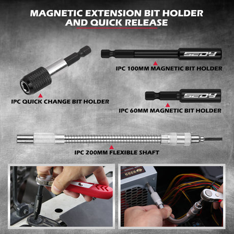 232-piece CR-V screwdriver bit set with security bits, SAE and metric nut drivers, ratchet wrench, magnetic bit holders, flexible shaft and red carry case