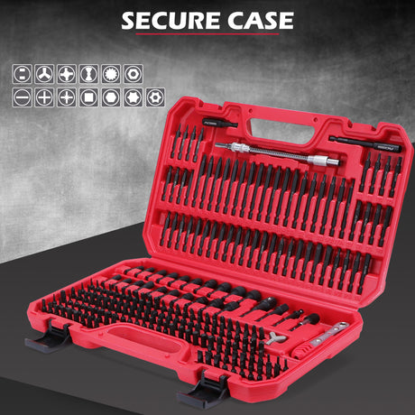 232-piece CR-V screwdriver bit set with security bits, SAE and metric nut drivers, ratchet wrench, magnetic bit holders, flexible shaft and red carry case