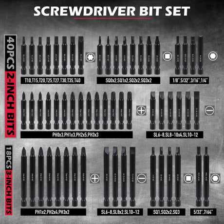 232-piece CR-V screwdriver bit set with security bits, SAE and metric nut drivers, ratchet wrench, magnetic bit holders, flexible shaft and red carry case