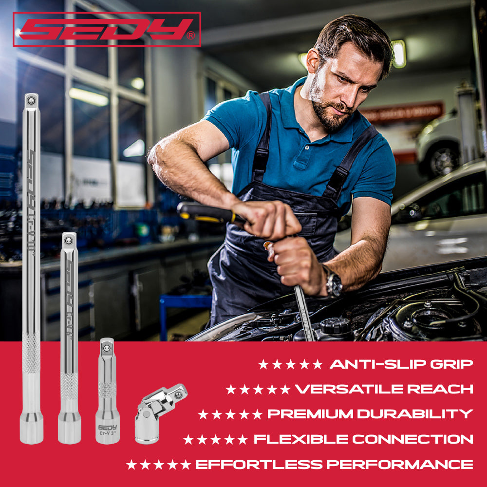 SEDY 3/8-inch socket extension bar set with universal joint for automotive and mechanical repair.