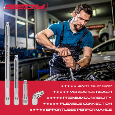 SEDY 3/8-inch socket extension bar set with universal joint for automotive and mechanical repair.