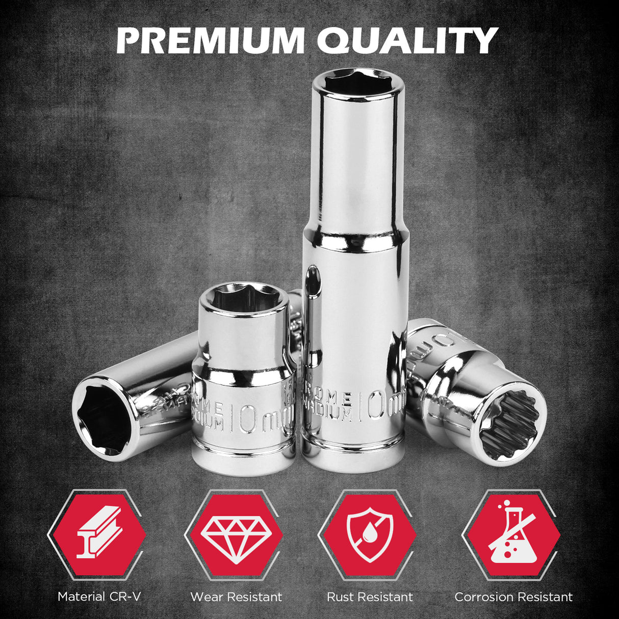 SEDY 12-piece metric socket set with magnetic green organizer rail, including deep and shallow CR-V sockets and 2 extension bars for automotive repair