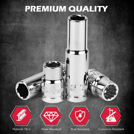 SEDY 12-piece metric socket set with magnetic green organizer rail, including deep and shallow CR-V sockets and 2 extension bars for automotive repair