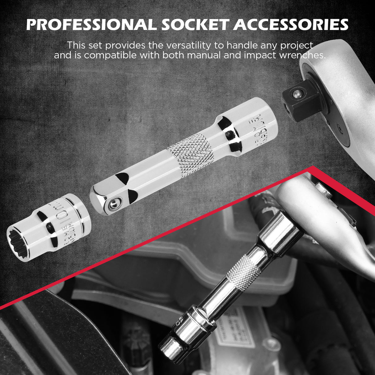 SEDY 12-piece metric socket set with magnetic green organizer rail, including deep and shallow CR-V sockets and 2 extension bars for automotive repair