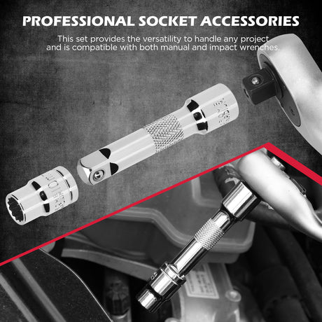 SEDY 12-piece metric socket set with magnetic green organizer rail, including deep and shallow CR-V sockets and 2 extension bars for automotive repair