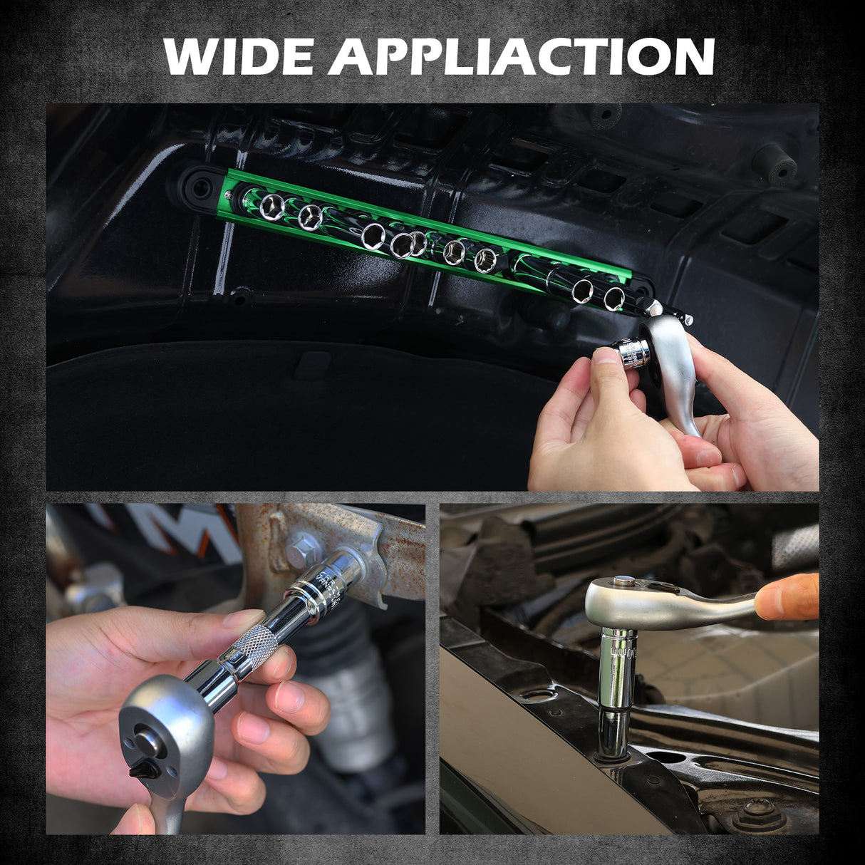 SEDY 12-piece metric socket set with magnetic green organizer rail, including deep and shallow CR-V sockets and 2 extension bars for automotive repair