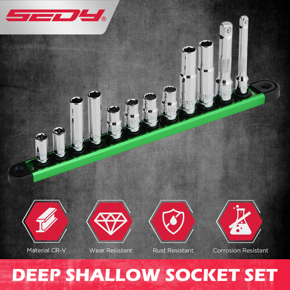 SEDY 12-piece metric socket set with magnetic green organizer rail, including deep and shallow CR-V sockets and 2 extension bars for automotive repair