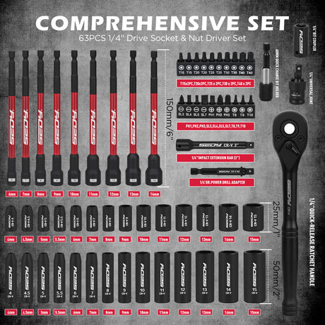 SEDY 63-piece 1/4 inch drive socket and nut driver set with magnetic bits and CR-V steel ratchet for automotive and DIY repair