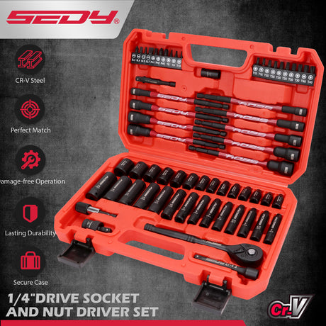 SEDY 63-piece 1/4 inch drive socket and nut driver set with magnetic bits and CR-V steel ratchet for automotive and DIY repair