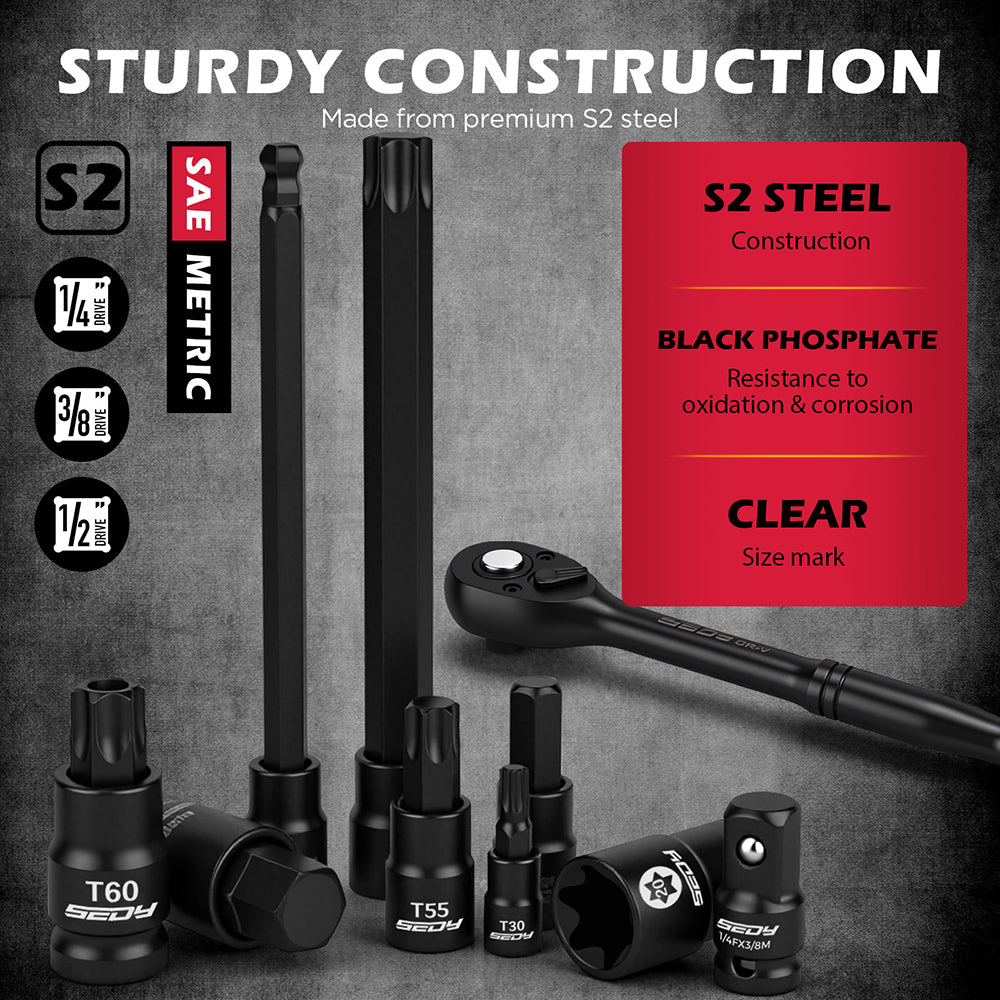 112PCS hex and Torx bit socket set with long-reach bits and 3/8 inch ratchet in red storage case